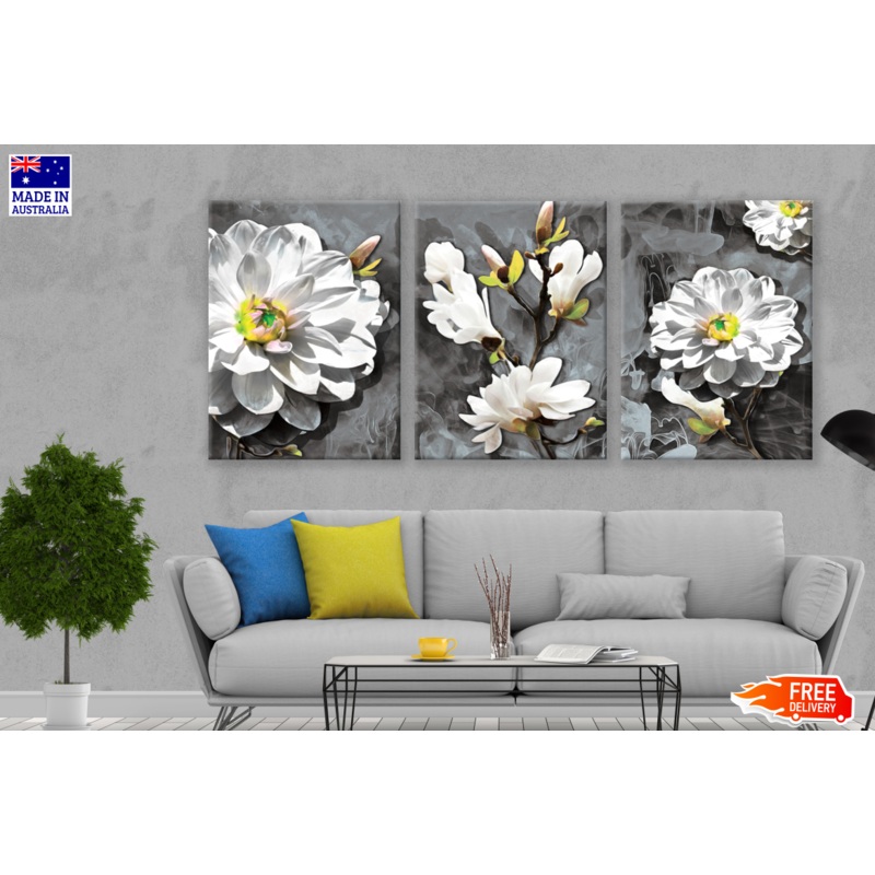 3 Set of White Floral Art High Quality print 100% Australian made wall Canvas ready to hang