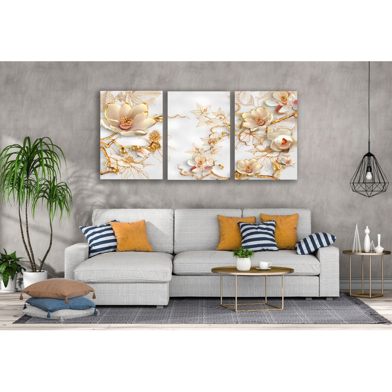 3 Set of White & Gold Floral 3D Design High Quality Print 100% Australian Made Wall Canvas Ready to Hang