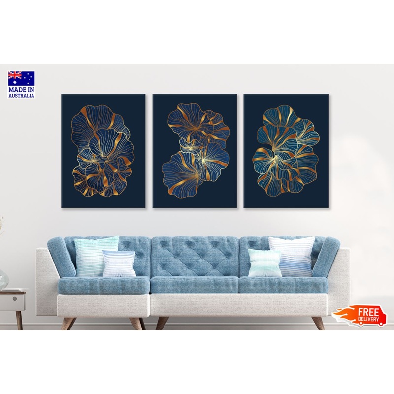 3 Set of White & Gold Floral High Quality Print 100% Australian Made Wall Canvas Ready to Hang