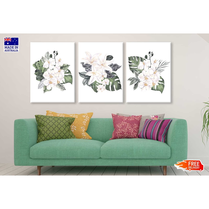 3 Set of White Tropical Flower Bouquets with Green Leaves Watercolor Painting High Quality Print 100% Australian Made Wall Canvas Ready to Hang