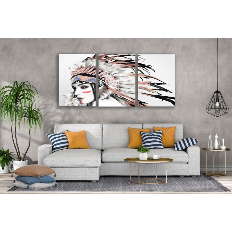 3 Set of Woman Portrait with Feather Headdress Painting High Quality Print 100% Australian Made Wall Canvas Ready to Hang