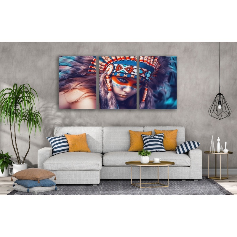 3 Set of Woman Portrait with Feather Headdress Photograph High Quality Print 100% Australian Made Wall Canvas Ready to Hang