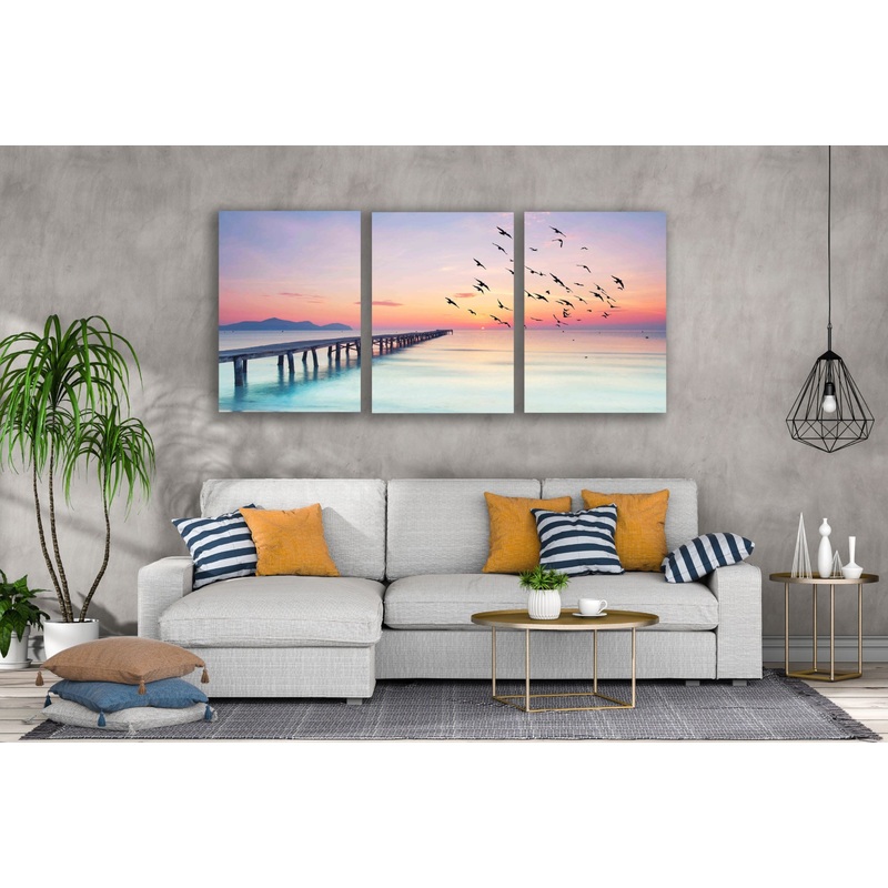 3 Set of Wooden Pier Over Beach Sunset View Photograph High Quality Print 100% Australian Made Wall Canvas Ready to Hang