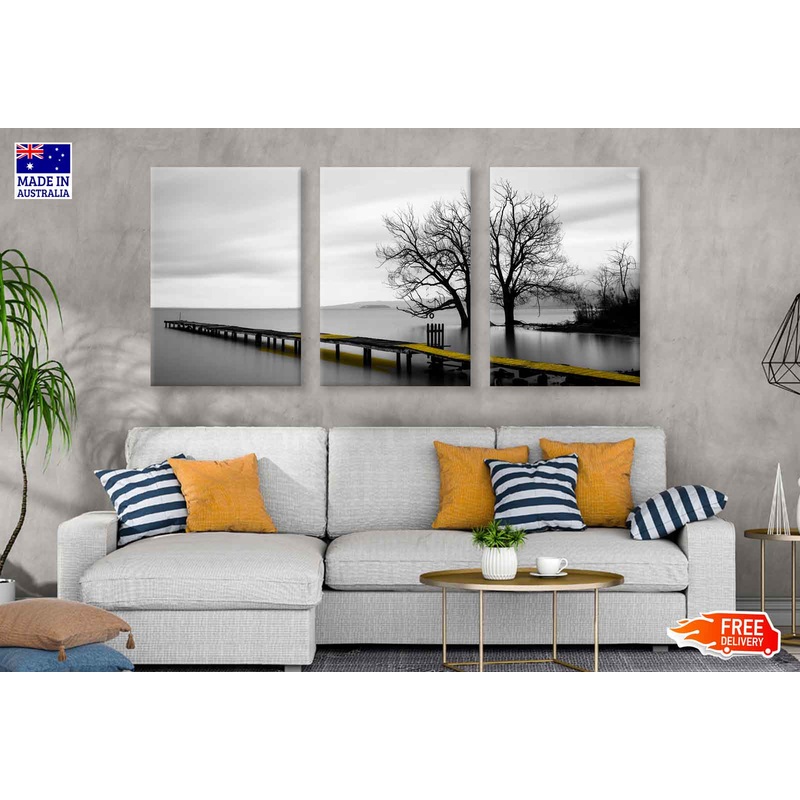 3 Set of Yellow Wooden Pier Lake High Quality Print 100% Australian Made Wall Canvas Ready to Hang
