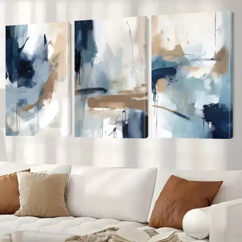 3pcs Abstract Wall Art Shades Of Blue And Brown Wall Art Set Canvas Framed 50x70cm - High Quality Print 100% Australian Made Wall Canvas Ready to Hang