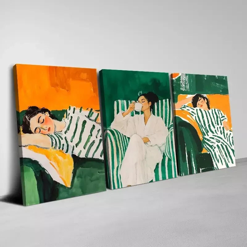 3pcs Beautiful Colorful Women's Rest Painting Wall Art Set Canvas Framed 50x70cm - High Quality Print 100% Australian Made Wall Canvas Ready to Hang