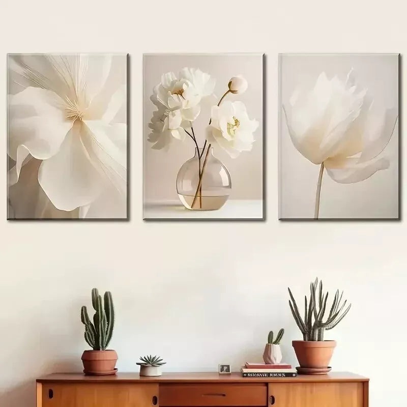 3pcs  Beige Pure Flowers, Modern Beautiful Floral Wall Art Set Canvas Framed 50x70cm - High Quality Print 100% Australian Made Wall Canvas Ready to Hang