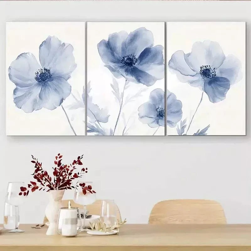 3pcs Blue Watercolor Anemone Flower Triptych Wall Art Set Canvas Framed 50x70cm - High Quality Print 100% Australian Made Wall Canvas Ready to Hang