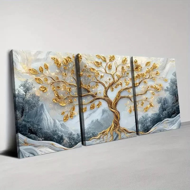 3pcs Elegant Golden Tree with Mountains Abstract Wall Art Set Canvas Framed 50x70cm - High Quality Print 100% Australian Made Wall Canvas Ready to Hang