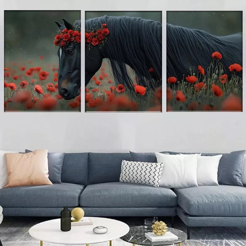 3pcs  Elegant Poppy Field Majestic Black Horse Wall Art Set Canvas Framed 50x70cm -  High Quality Print 100% Australian Made Wall Canvas Ready to Hang