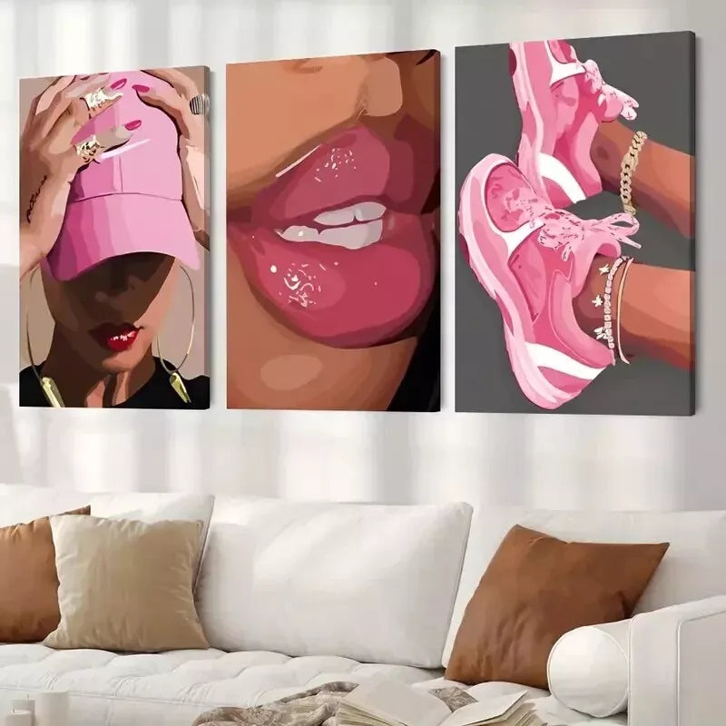 3pcs  Fashion Girl Abstract Posters Wall Art Set Canvas Framed 50x70cm - High Quality Print 100% Australian Made Wall Canvas Ready to Hang