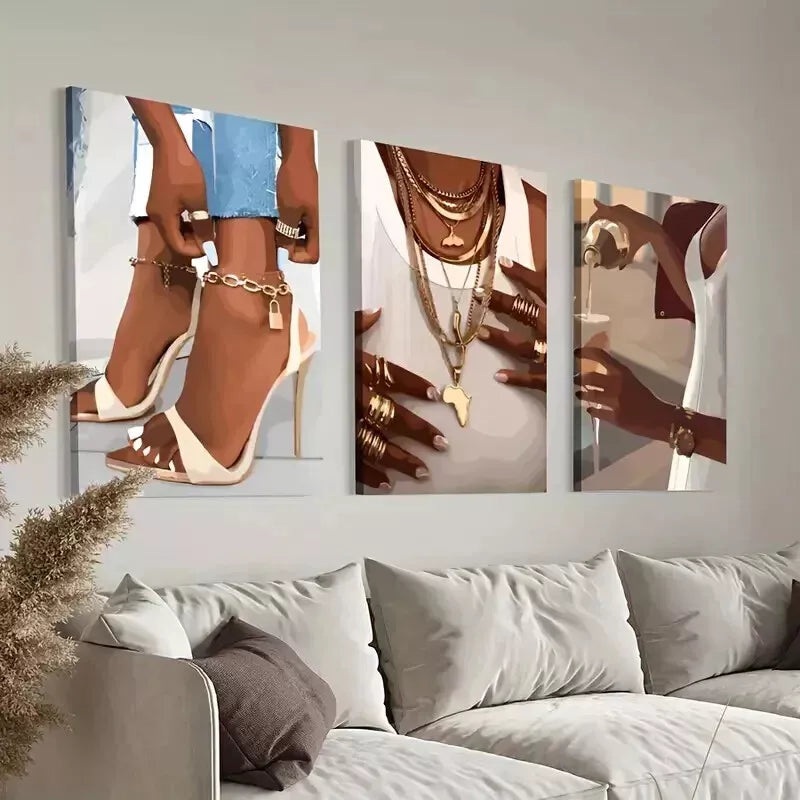 3pcs  Fashionable Black Women With Heel Rings Wall Art Set Canvas Framed 50x70cm - High Quality Print 100% Australian Made Wall Canvas Ready to Hang