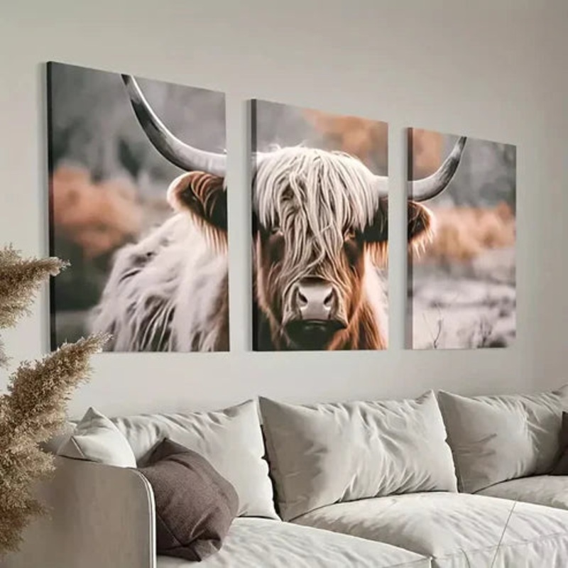 3pcs Hairy Highland Cow Wall Art Set Canvas Framed 50x70cm - High Quality Print 100% Australian Made Wall Canvas Ready to Hang