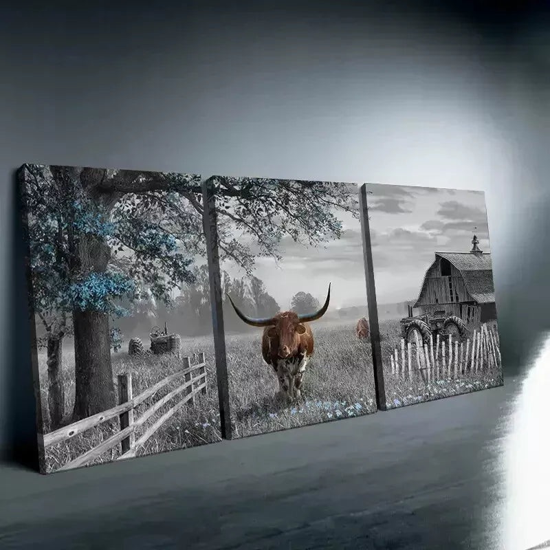 3pcs Highland Cow Wall Art Farmhouse Wall Art Set Canvas Framed 50x70cm - High Quality Print 100% Australian Made Wall Canvas Ready to Hang