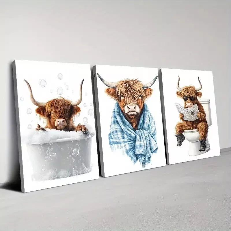 3pcs Interesting Scottish Baby Highlands Wall Art Set Canvas Framed 50x70cm -  High Quality Print 100% Australian Made Wall Canvas Ready to Hang