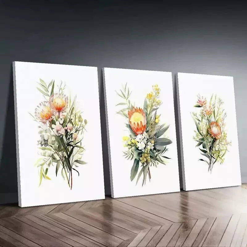 3pcs Modern Bohemian Floral By A White Background Wall Art Set Canvas Framed 50x70cm - High Quality Print 100% Australian Made Wall Canvas Ready to Hang