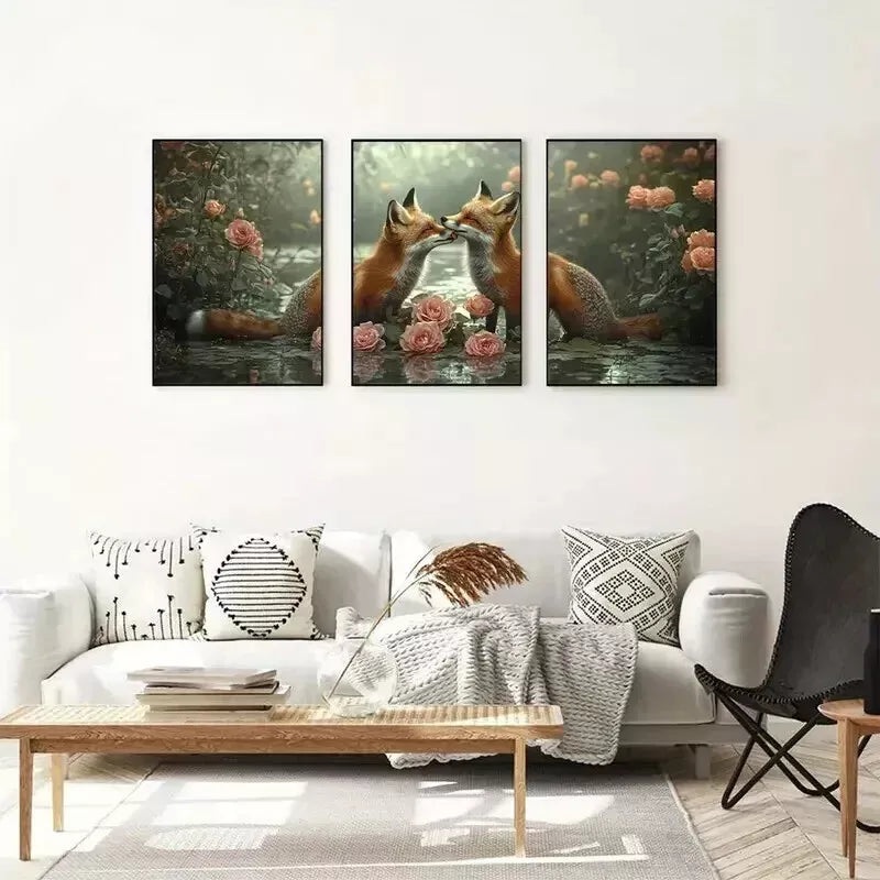 3pcs   two foxes in a serene, natural setting Wall Art Set Canvas Framed 50x70cm - High Quality Print 100% Australian Made Wall Canvas Ready to Hang