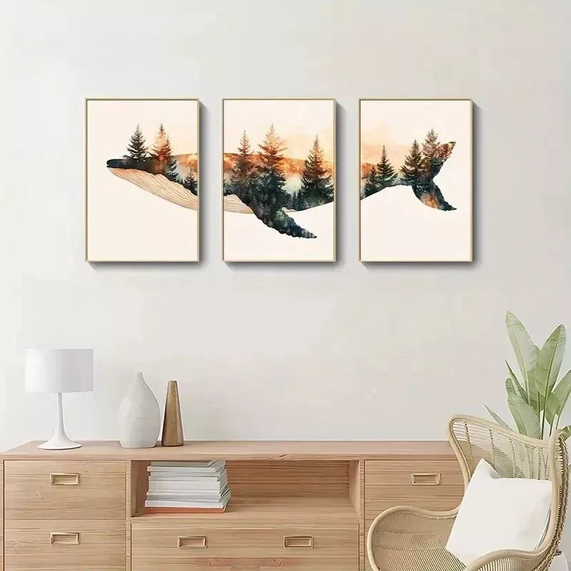 3pcs  Whale & Forest Triptych  Wall Art Set Canvas Framed 50x70cm - High Quality Print 100% Australian Made Wall Canvas Ready to Hang