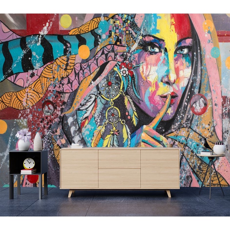 Wallpaper Murals Peel and Stick Removable Lady with Feather Headdress painting High Quality