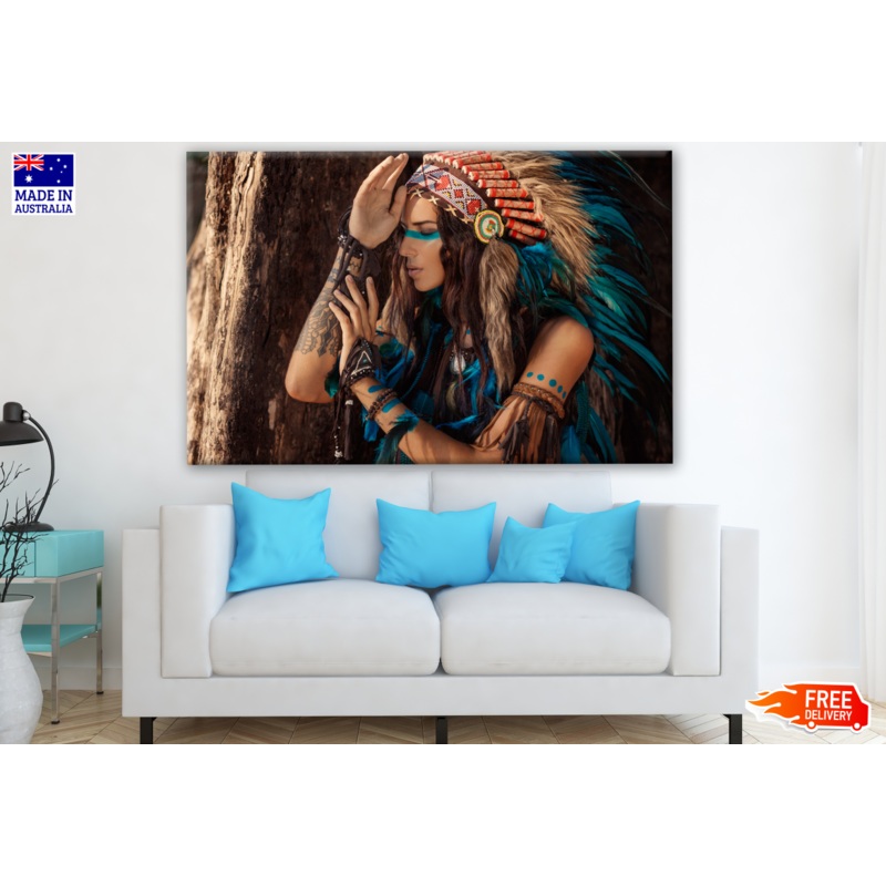 Young Indian Warrior Girl With Blue Feather Headdress Posing Photograph Print 100% Australian Made