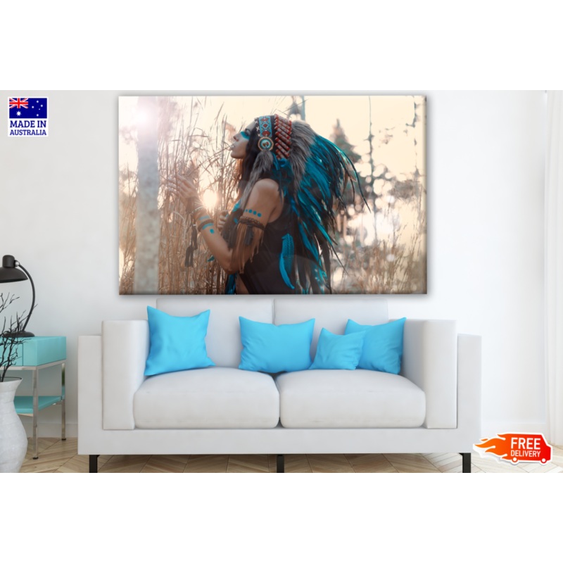 Young Indian Warrior With Blue Feather Headdress Photograph Print 100% Australian Made