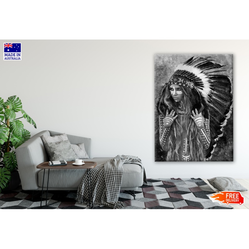 Young Indian Warrior With Feather Headdress Photograph B&W Print 100% Australian Made