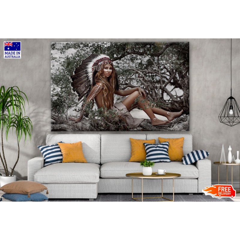 Young Indian Warrior With Feather Headdress Sitting on a Tree Branch Photograph Print 100% Australian Made