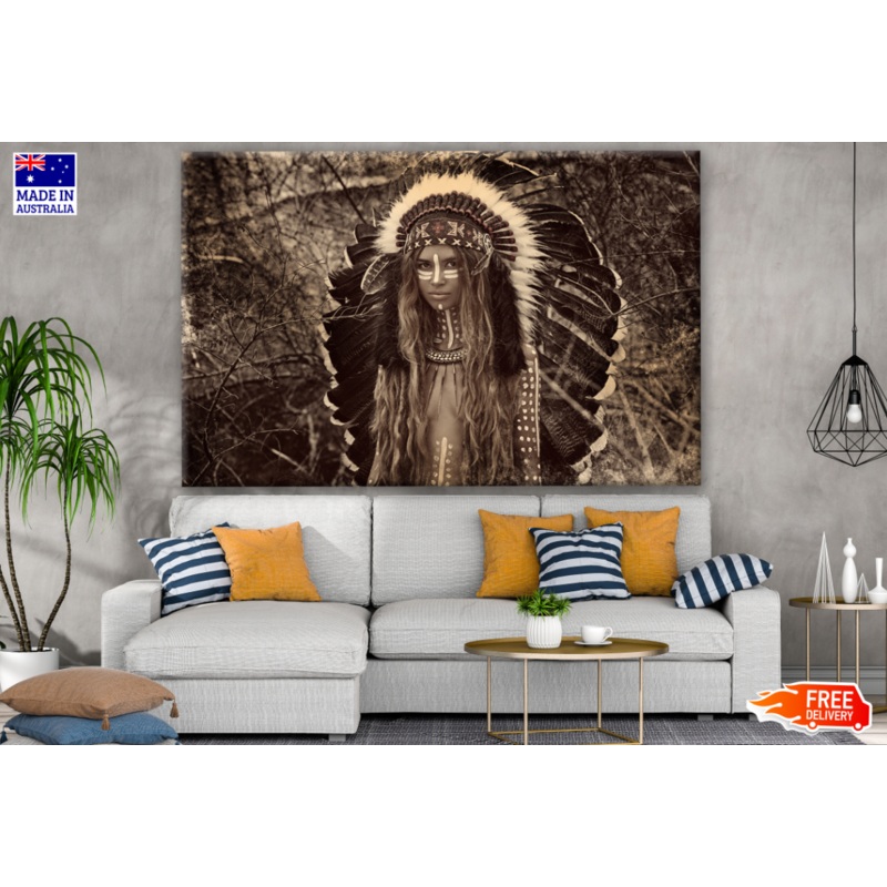 Young Indian Warrior With Feather Headdress Vintage Photograph Print 100% Australian Made