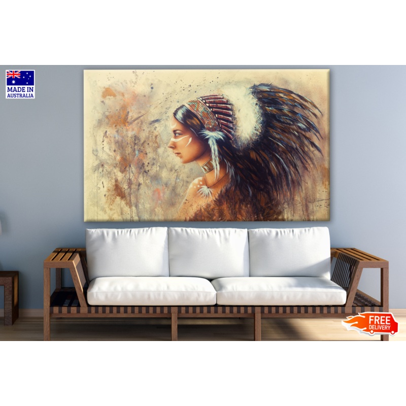 Young Indian Woman Wearing a Big Feather Headdress Painting Print 100% Australian Made