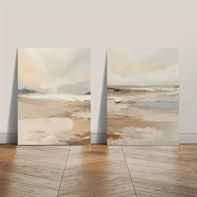 2pcs Abstract Oil Paintings of a River Beach, Retro Color Scheme Canvas Framed 50x75cm - High Quality Print 100% Australian Made Wall Canvas Ready to Hang