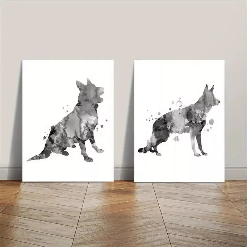 2pcs Black And White Ink Shepherd Dog Canvas Framed 50x75cm - High Quality Print 100% Australian Made Wall Canvas Ready to Hang