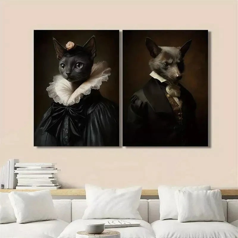 2pcs Black Cat & Bat Gothic Renaissance Portrait Canvas Framed 50x75cm - High Quality Print 100% Australian Made Wall Canvas Ready to Hang