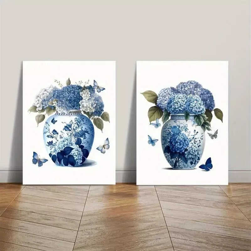 2pcs Blue Hydrangea Flowers and Navy Ginger Jar Blue Canvas Framed 50x75cm - High Quality Print 100% Australian Made Wall Canvas Ready to Hang