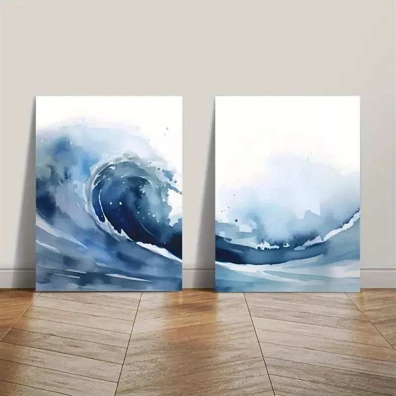 2pcs Blue Ocean Watercolor Ocean Art Canvas Framed 50x75cm - High Quality Print 100% Australian Made Wall Canvas Ready to Hang