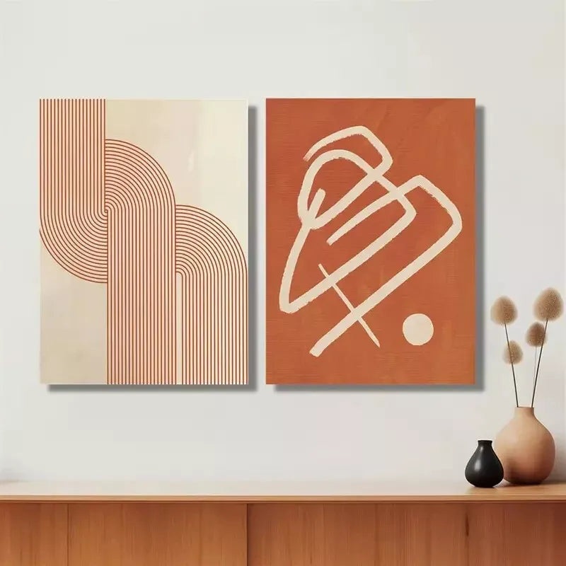 2pcs Bohemian Abstract Orange Geometric Canvas Framed 50x75cm - High Quality Print 100% Australian Made Wall Canvas Ready to Hang