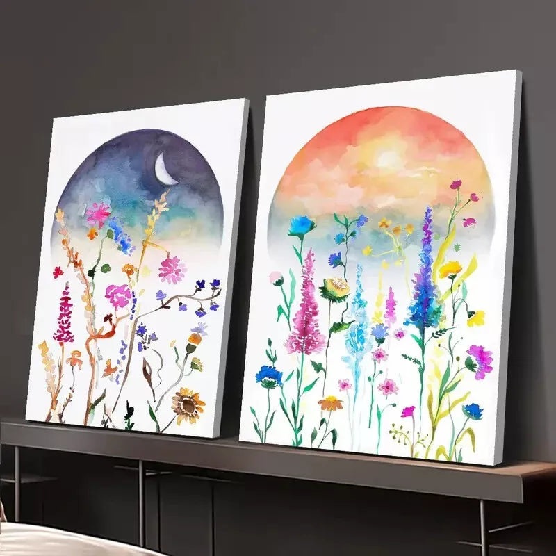 2pcs Boho Color Art, Celestial Watercolor Wildflower Art Canvas Framed 50x75cm - High Quality Print 100% Australian Made Wall Canvas Ready to Hang