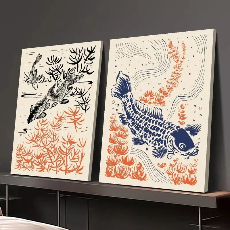 2pcs Japanese Carp & Floral Canvas Framed 50x75cm - High Quality Print 100% Australian Made Wall Canvas Ready to Hang