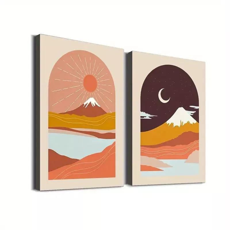 2pcs Modern Abstract Landscape Sunrise and Night Sky Framed 50x75cm - High Quality Print 100% Australian Made Wall Canvas Ready to Hang