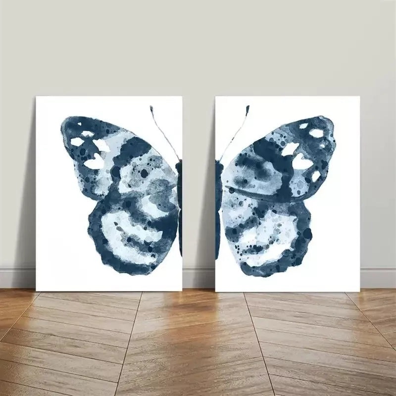 2pcs Painting, Abstract Wings Art Geometric Butterfly Blue Spots Canvas Framed 50x75cm - High Quality Print 100% Australian Made Wall Canvas Ready to Hang