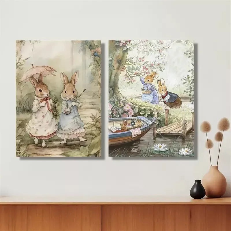 2pcs Painting of Two Rabbit Lovers Canvas Framed 50x75cm - High Quality Print 100% Australian Made Wall Canvas Ready to Hang