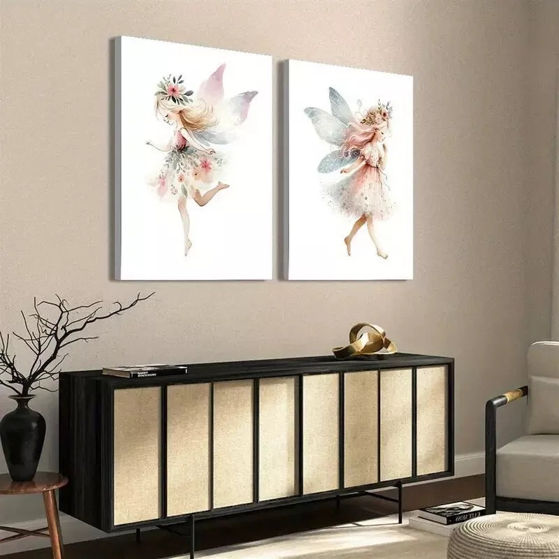 2pcs Painting, Whimsical Little Fairy Watercolor Canvas Framed 50x75cm - High Quality Print 100% Australian Made Wall Canvas Ready to Hang