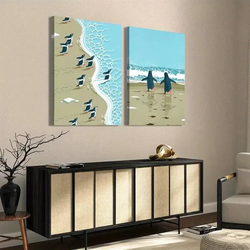 2pcs Penguins on the Beach, Minimalist Surreal Illustration Canvas Framed 50x75cm - High Quality Print 100% Australian Made Wall Canvas Ready to Hang