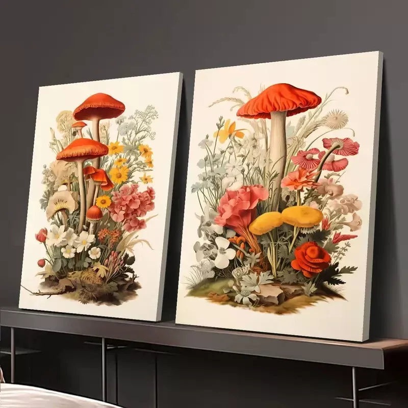 2pcs Realism, Retro Mushroom Art, Floral Plants Canvas Framed 50x75cm - High Quality Print 100% Australian Made Wall Canvas Ready to Hang