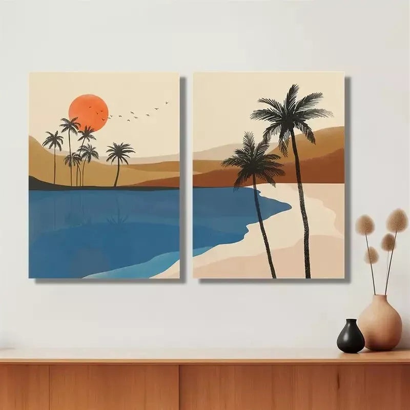 2pcs Sunset, Birds, Oasis Landscape, Desert, Palm Trees Canvas Framed 50x75cm - High Quality Print 100% Australian Made Wall Canvas Ready to Hang