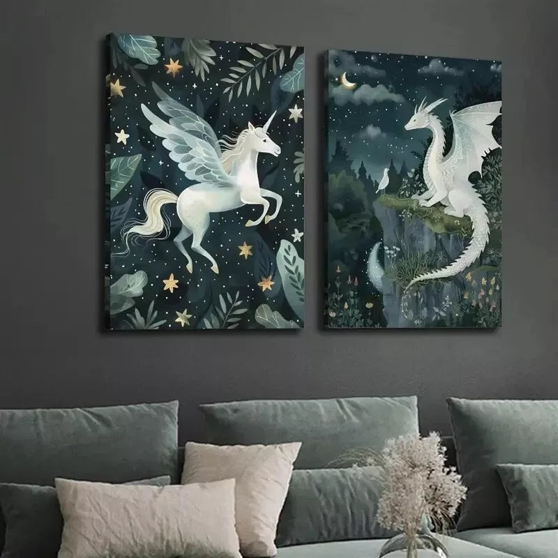 2pcs Unicorn, Dragon, Magic Forest, Fantasy Canvas Framed 50x75cm - High Quality Print 100% Australian Made Wall Canvas Ready to Hang