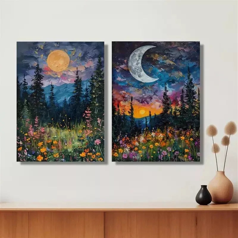 2pcs Vibrant Sun & Moon Floral Oil Paintings Canvas Framed 50x75cm - High Quality Print 100% Australian Made Wall Canvas Ready to Hang
