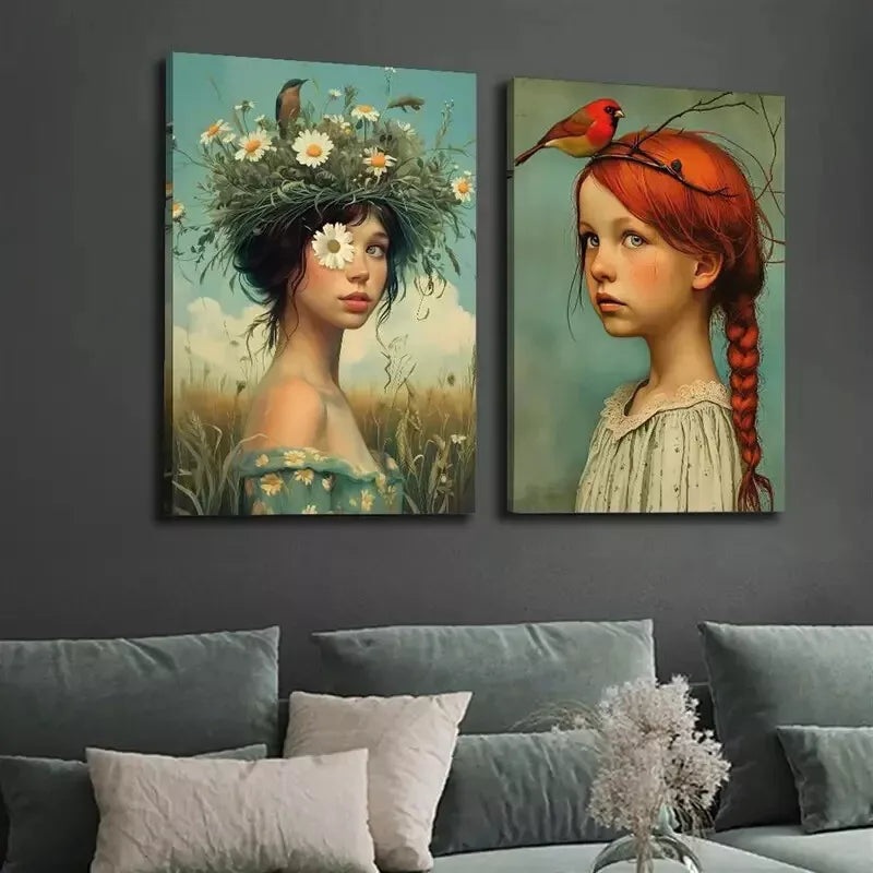 2pcs Woman, Birds, Country Farmhouse Canvas Framed 50x75cm - High Quality Print 100% Australian Made Wall Canvas Ready to Hang