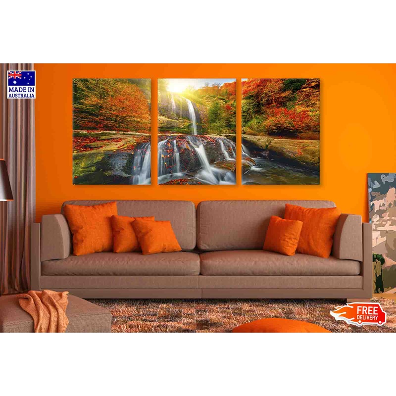 3 Set of Autumn Forest & Waterfall Scenery Photograph High Quality Print 100% Australian Made Wall Canvas Ready to Hang