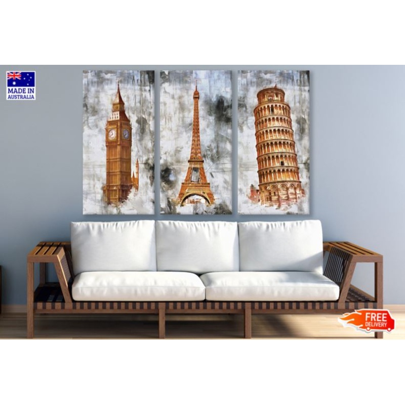 3 Set of Big Ben, Eiffel Tower &  Leaning Tower of Pisa Watercolor Painting High Quality Print 100% Australian Made Wall Canvas Ready to Hang