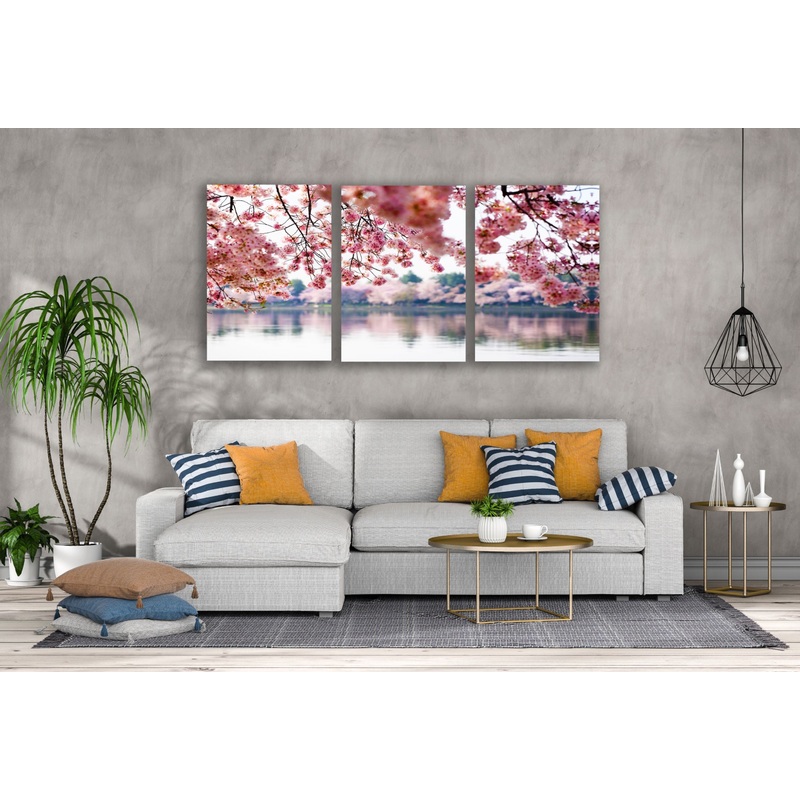 3 Set of Blossom Tree Near Lake Photograph High Quality Print 100% Australian Made Wall Canvas Ready to Hang